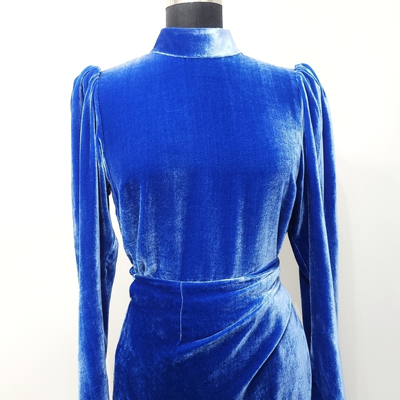 Reformation Silk Burgundy Caspien Color Royal Blue Velvet Puff Sleeve Wr… - Picture 4 of 15